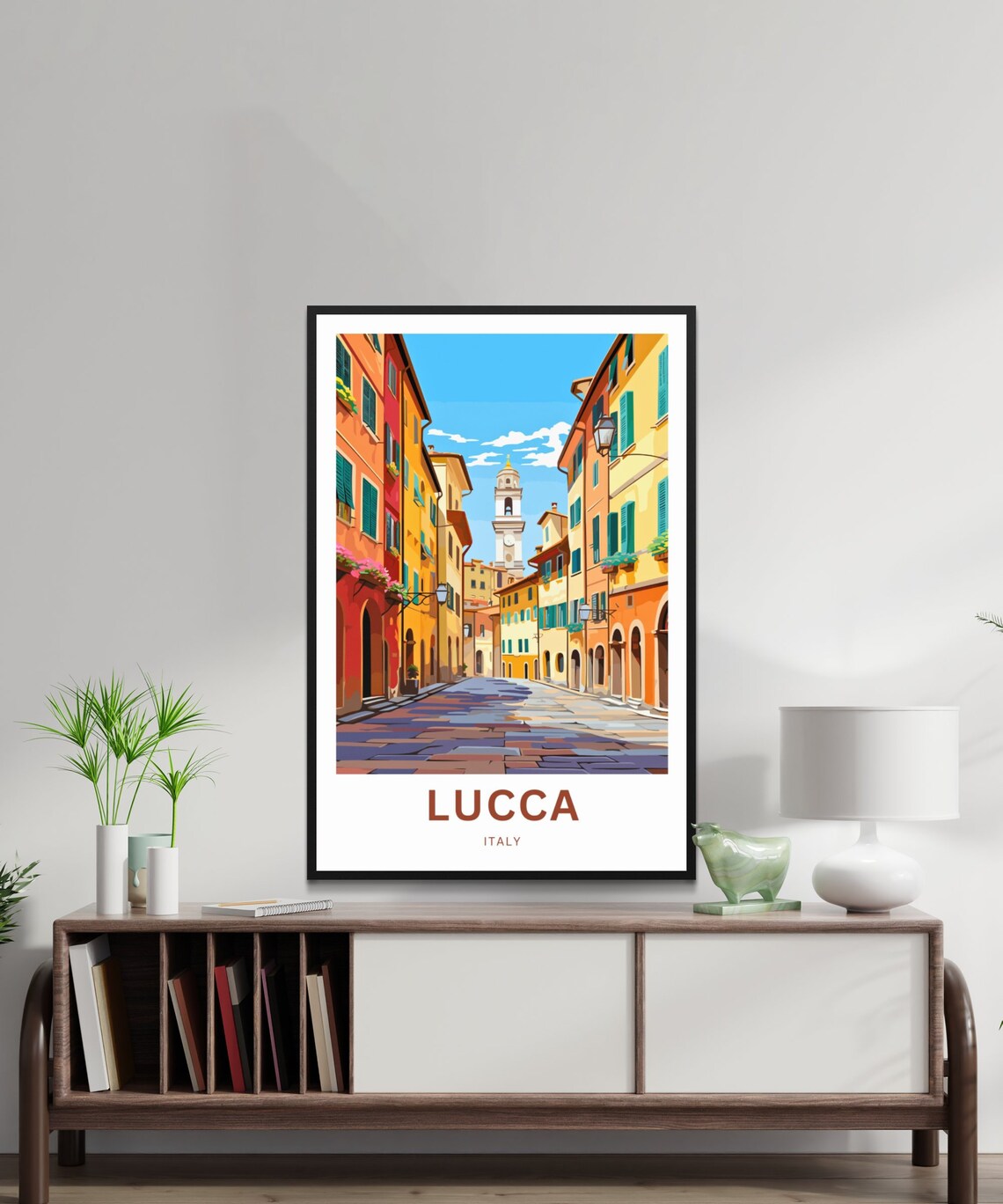 Lucca Italy Cobblestone Street Colorful Houses Clock Tower Poster - Image 2
