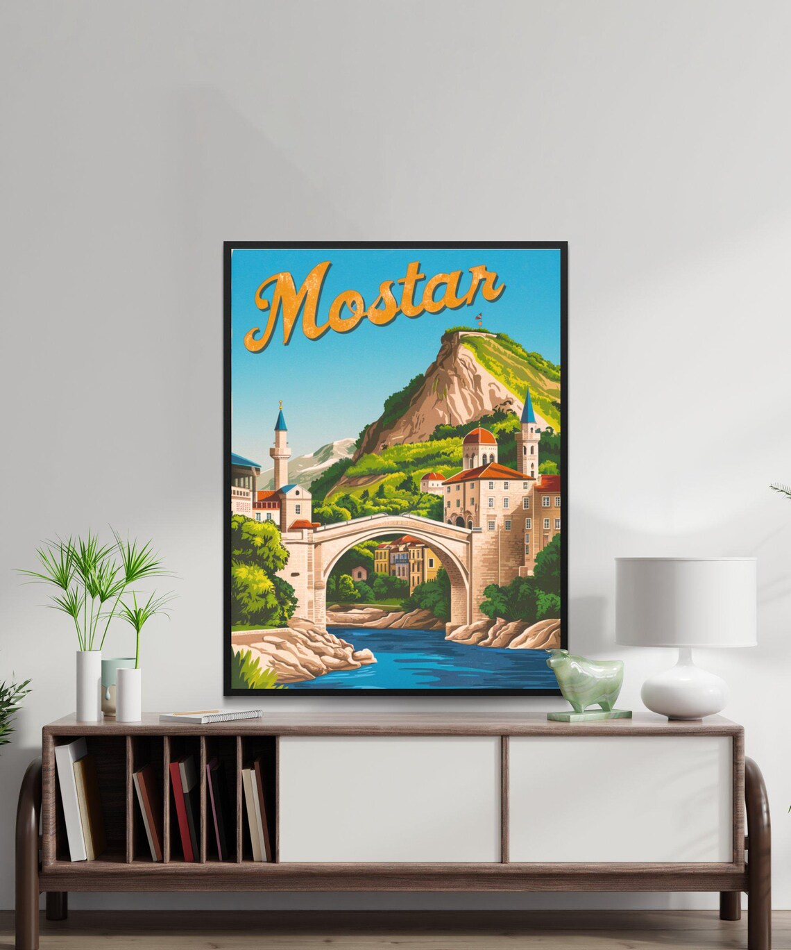Mostar Bosnia Stone Bridge Mosque Riverside Vintage Art Travel Poster - Image 3