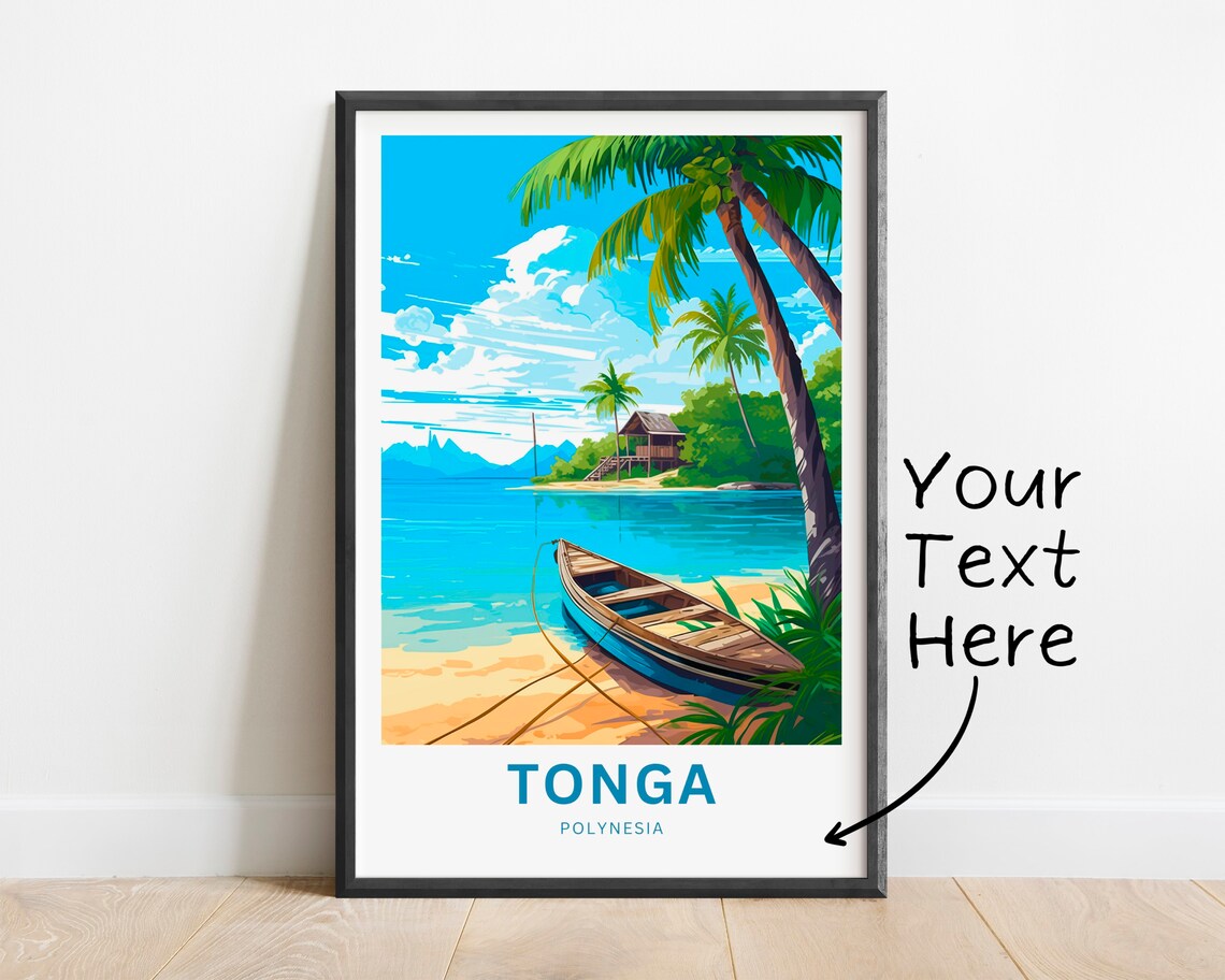 Tonga Polynesia Tropical Beach Canoe Palm Island Travel Poster - Image 2