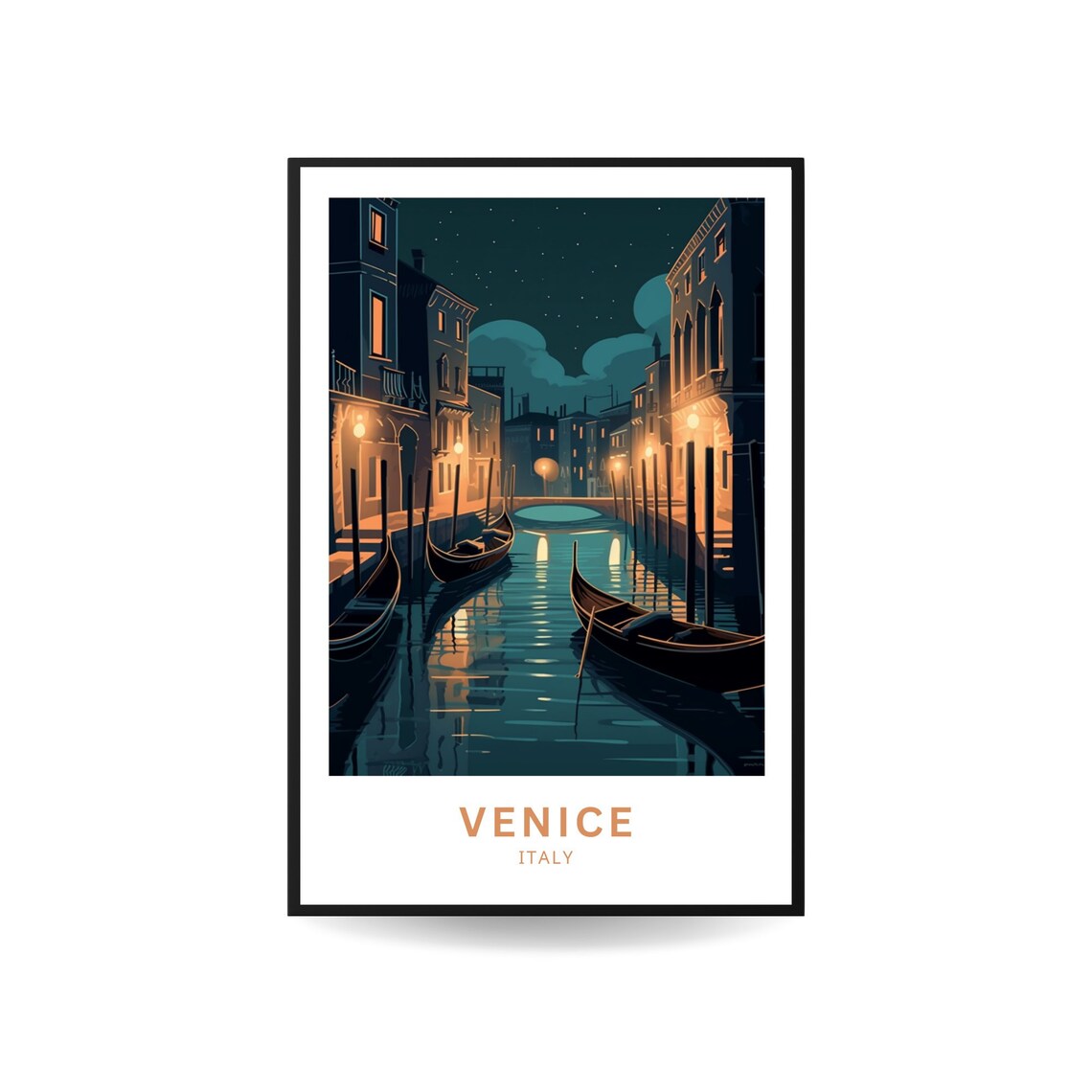 Venice Italy Night Gondola Canal Moonlit Streets Travel Poster