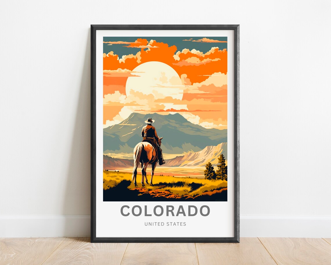 Colorado Cowboy Horseback Sunset Mountain Valley Golden Travel Poster