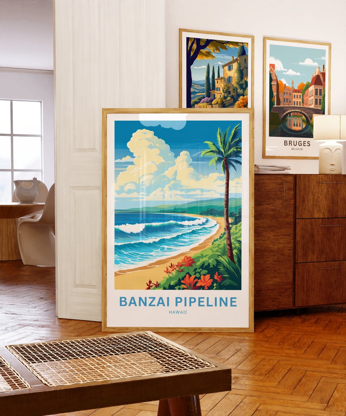 Banzai Pipeline Hawaii Beach with Palm Tree and Waves Poster - Image 5