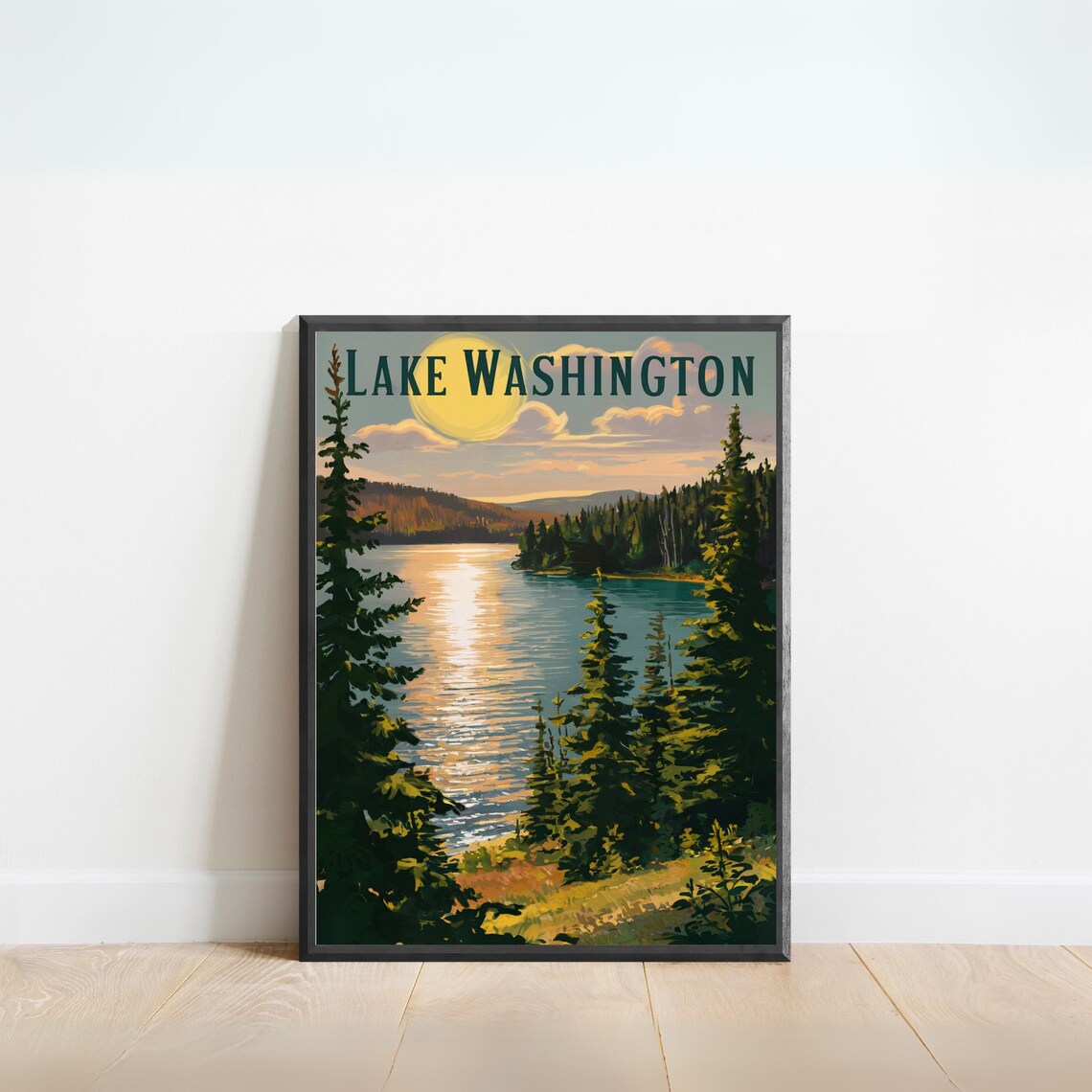 Lake Washington Sunset Evergreen Lakeshore Vintage Travel Poster