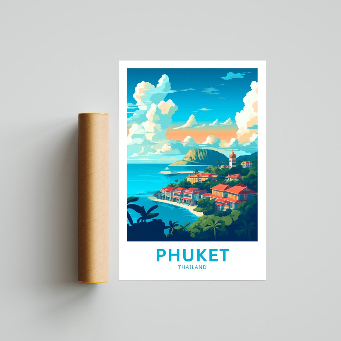 Phuket Thailand Harbor Hillside Town and Lighthouse Bay View Poster - Image 4