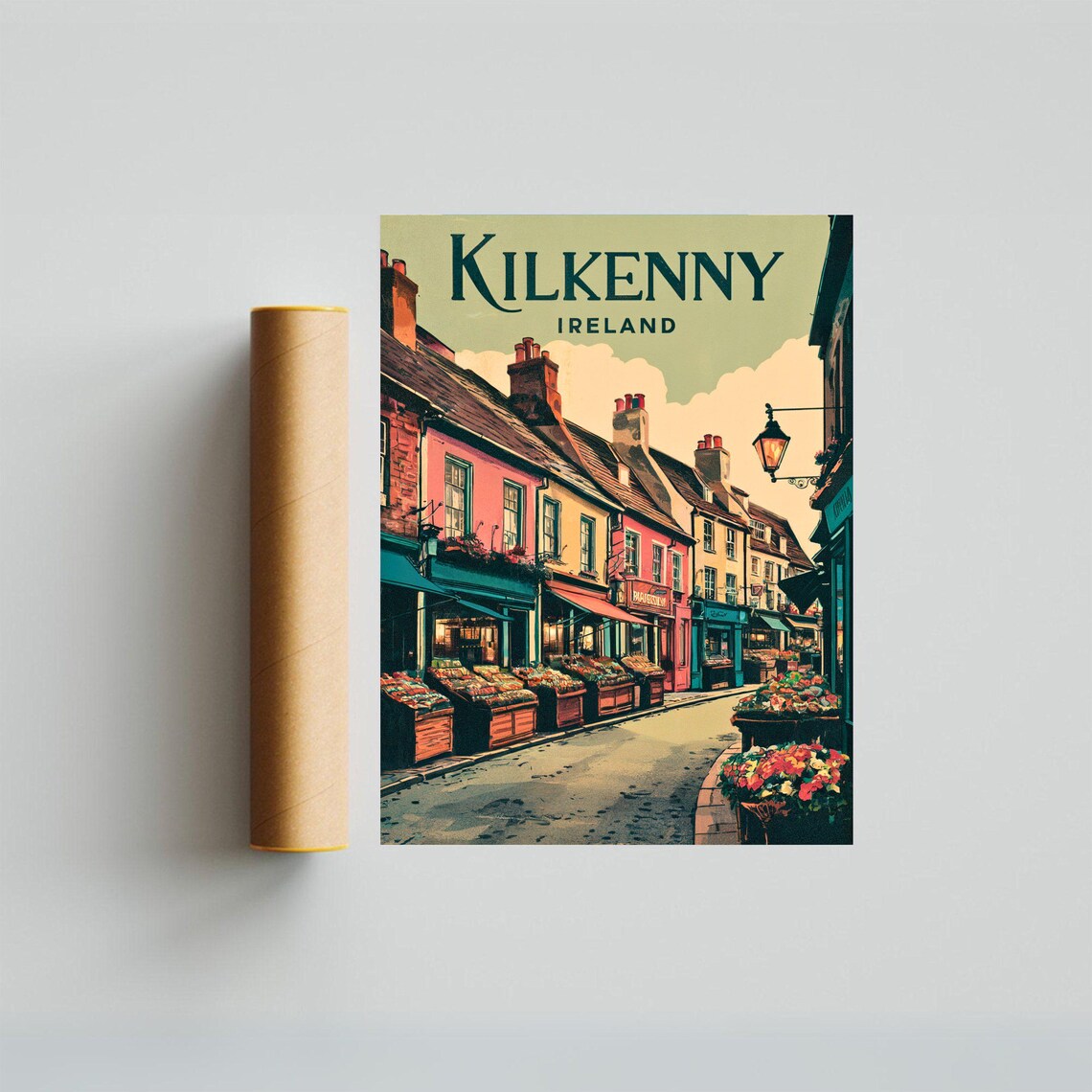 Kilkenny Ireland Charming Market Street Flower Stalls Travel Poster - Image 3