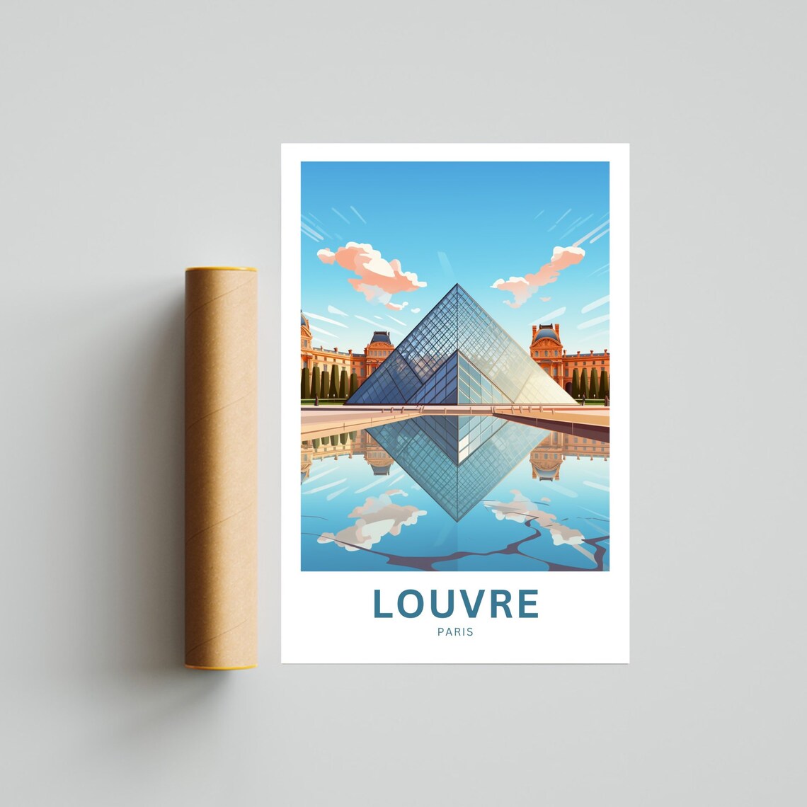 Louvre Paris Glass Pyramid Reflection Modern Vintage Travel Poster - Image 4