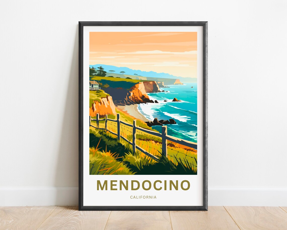 Mendocino California Cliff Sunset Fence Cottage Coastal Travel Poster