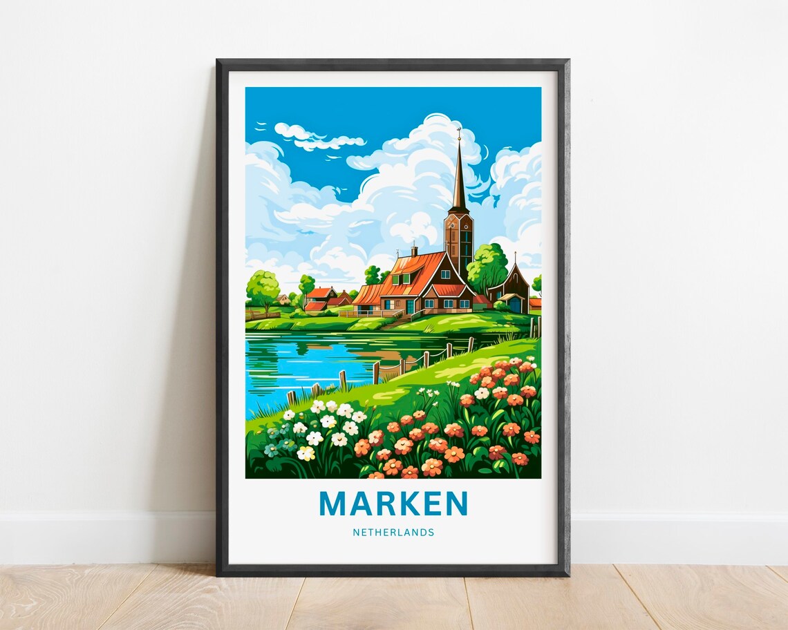 Marken Netherlands Church By The Lake Blooming Flowers Travel Poster