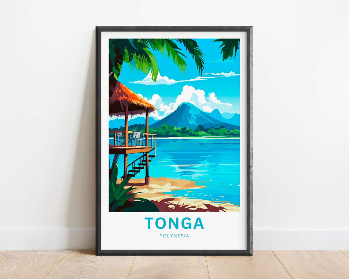 Tonga Polynesia Overwater Bungalow Volcano Lagoon Travel Poster