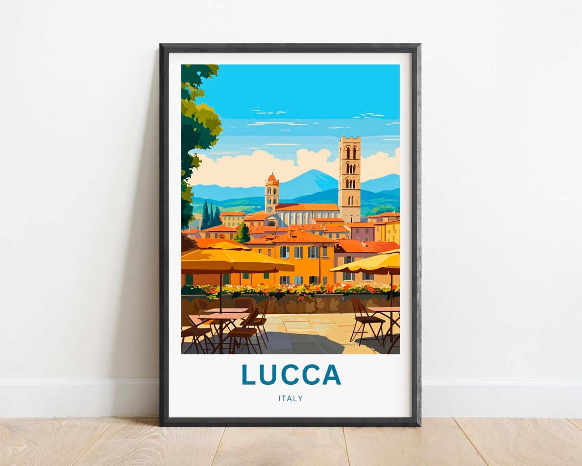 Lucca Italy Tuscan Old Town Church Towers Terrace Cafe Poster