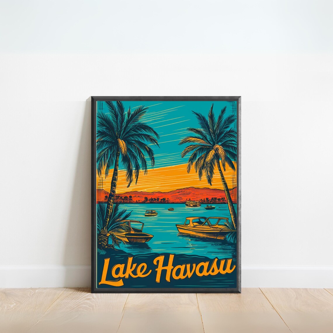 Lake Havasu Sunset Boats Palm Trees Desert Lake Travel Poster