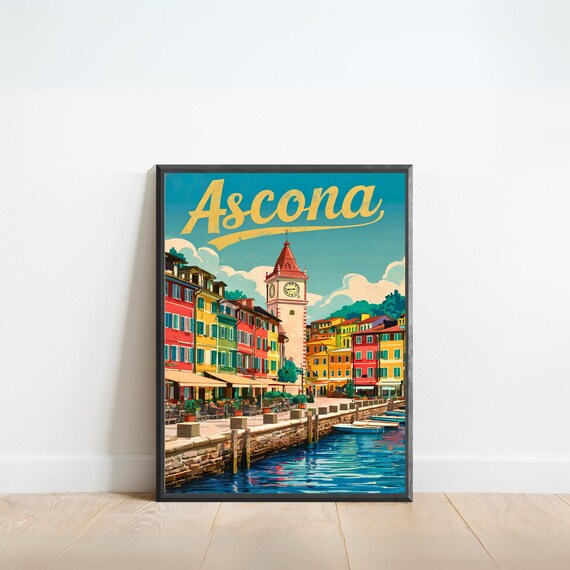 Ascona Switzerland Vintage Lakeside Town Clock Tower Travel Poster