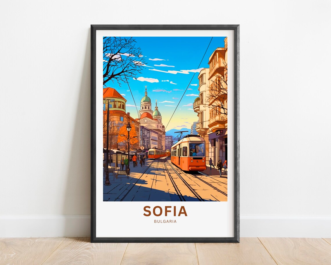 Sofia Bulgaria Tram Street City Scene Vintage Travel Poster Artwork
