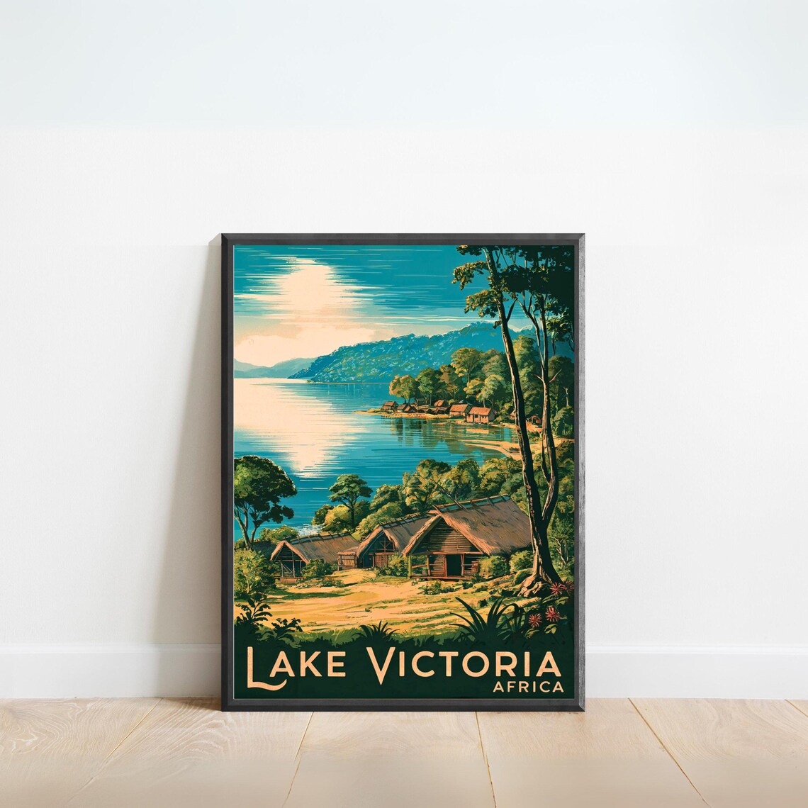 Lake Victoria Africa Lakeside Village Huts Shore View Travel Poster