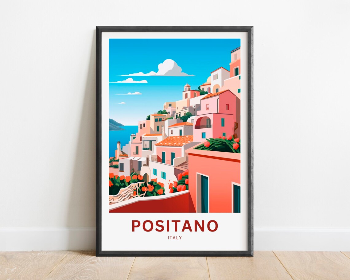 Positano Italy Pastel Cliffside Houses Bougainvillea Travel Poster
