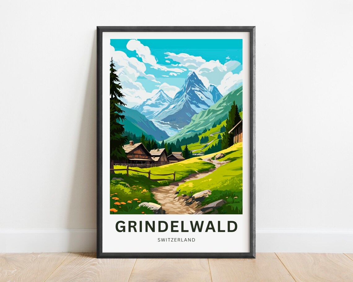 Grindelwald Switzerland Alpine Meadow Cabins Hiking Path Poster