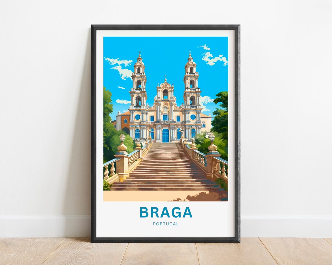 Braga Portugal Baroque Staircase Church Vintage Travel Poster