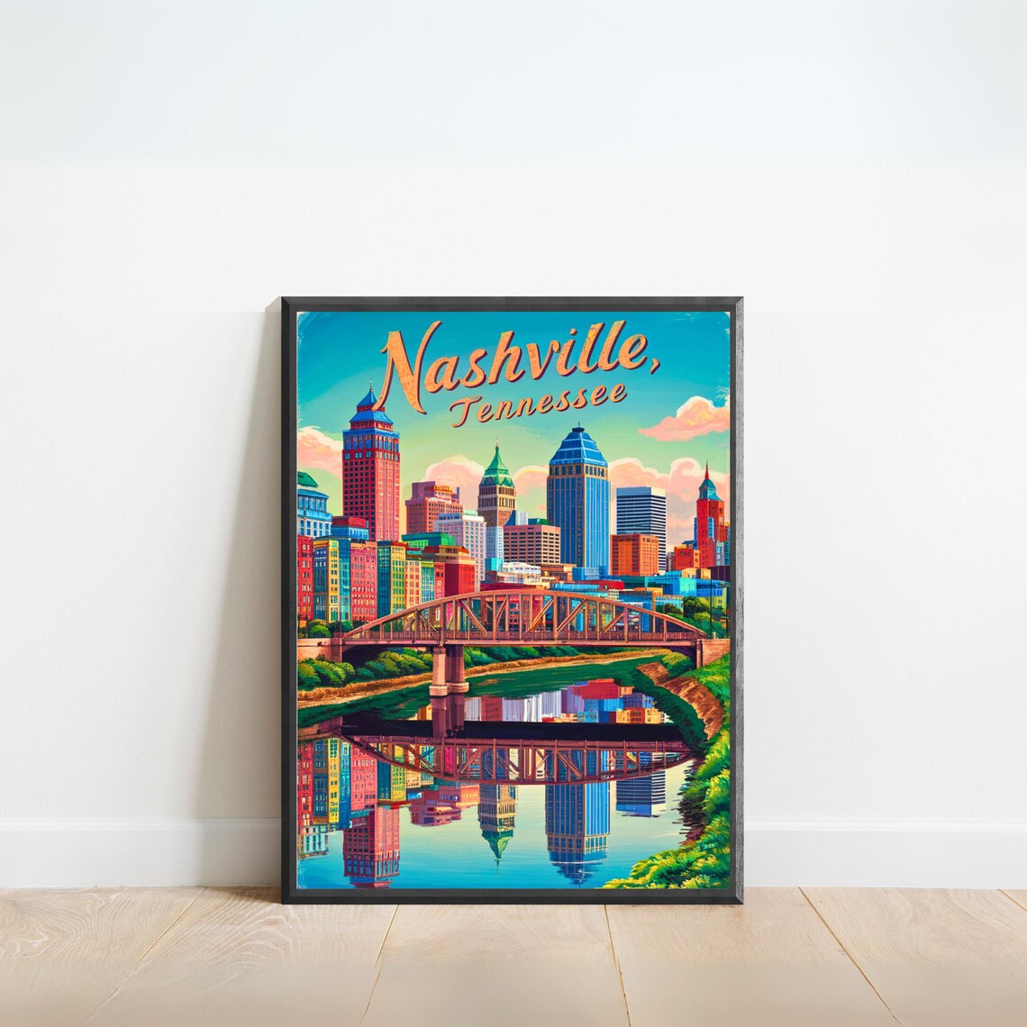 Nashville Tennessee Vintage Skyline Bridge Reflection Travel Poster