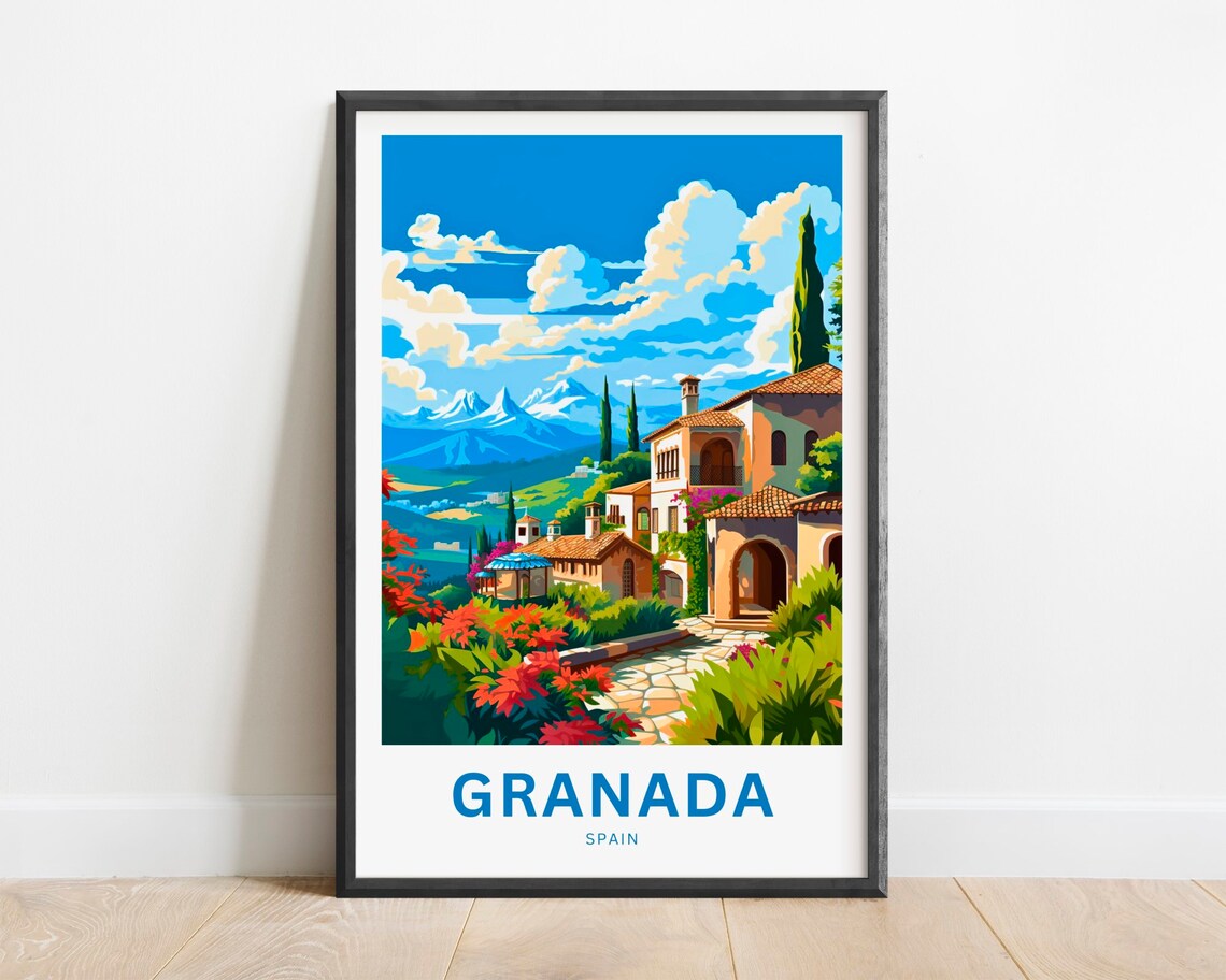 Granada Spain Colorful Village Mountain Landscape Travel Poster