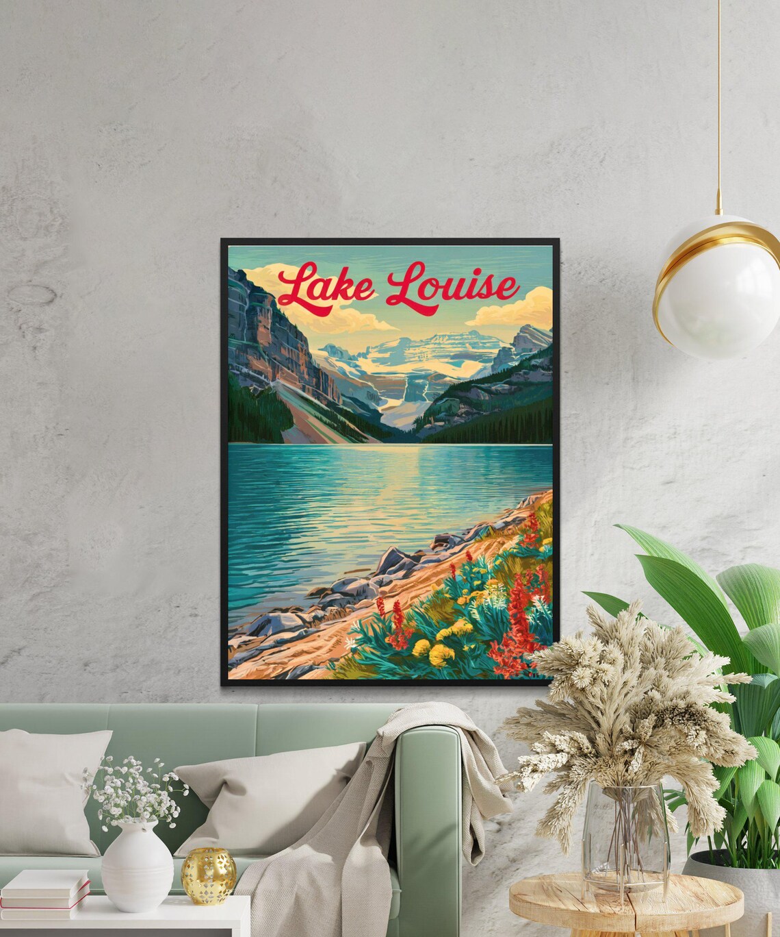 Lake Louise Rocky Shoreline Red Blooms Turquoise Water Vintage Poster - Image 2