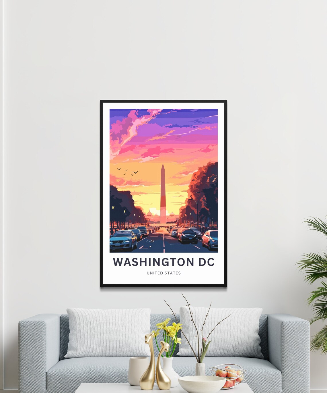 Washington DC Monument Sunset Street Scene Cars Retro Travel Poster - Image 3