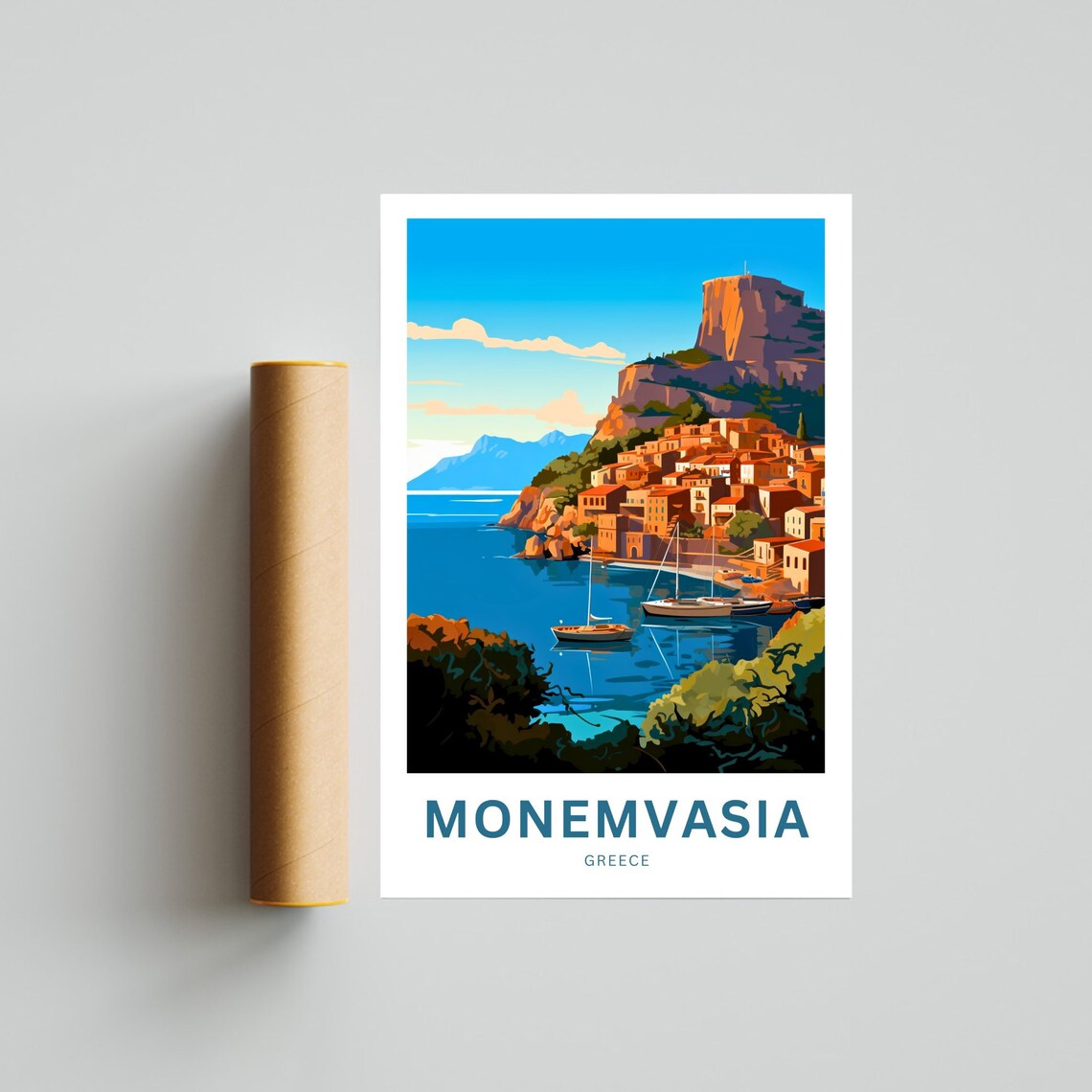Monemvasia Greece Rock Fortress Vintage Travel Poster Boats Gift - Image 4