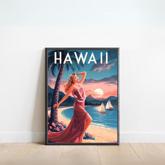 Hawaii Retro Travel Poster Sunset Beach Hula Dancer Palm Sail Art