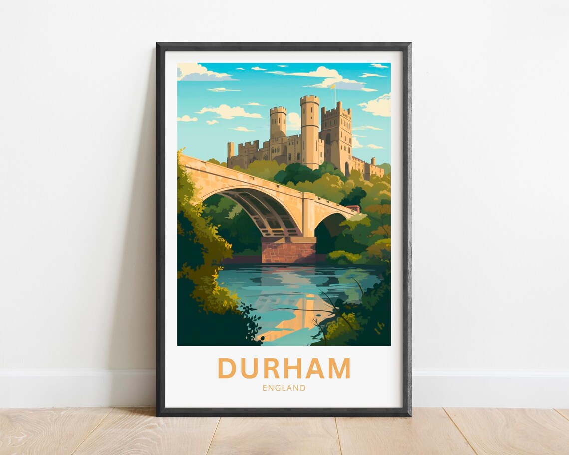 Durham England Historic Castle Bridge Riverside View Travel Poster