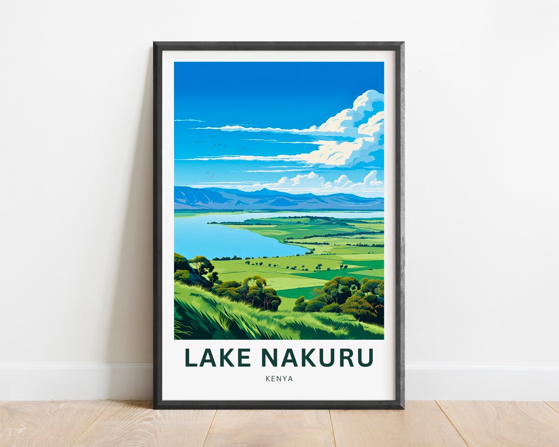Lake Nakuru Kenya Green Hills Pastoral Landscape Travel Poster