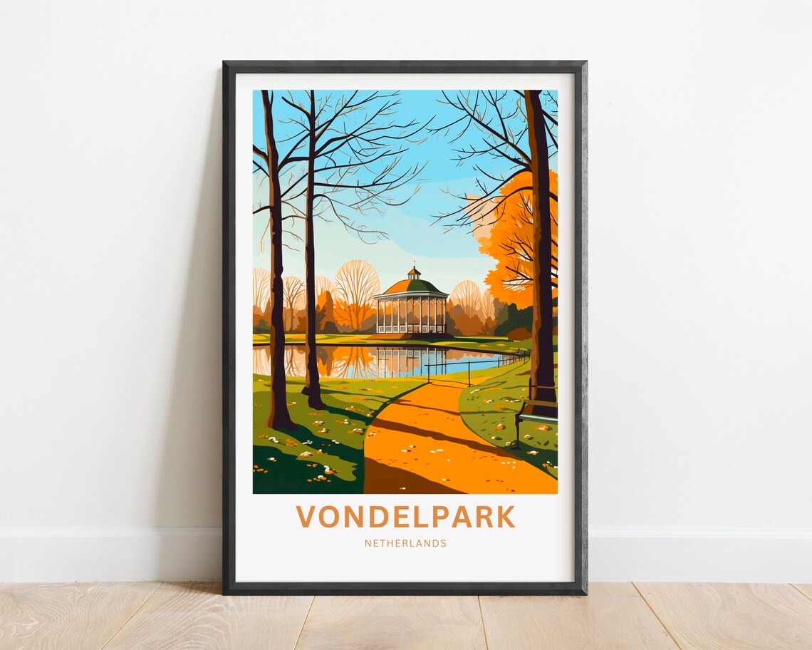 Vondelpark Netherlands Autumn Trees Lakeside Pavilion Travel Poster