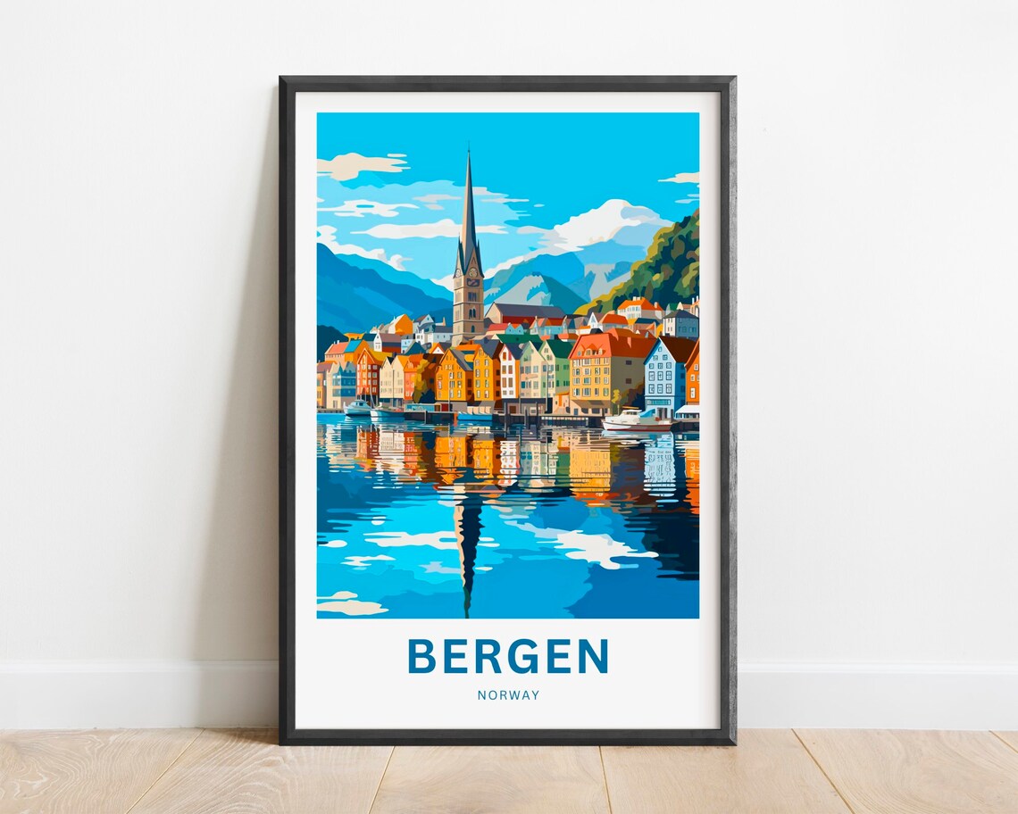 Bergen Norway Harbor Reflection Panorama Spire Mountain Travel Poster