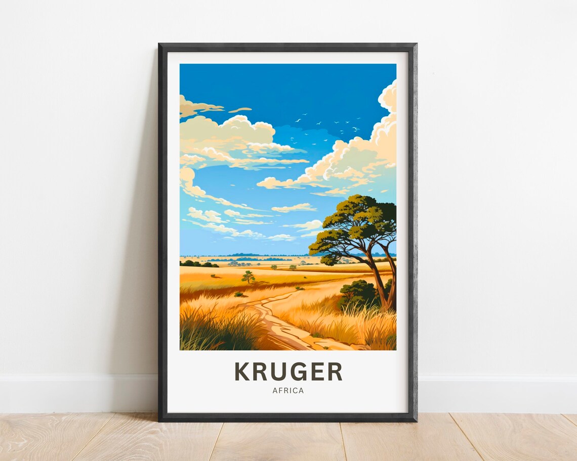 Kruger Africa Safari Path Grassland Bird Sky Nature Travel Poster