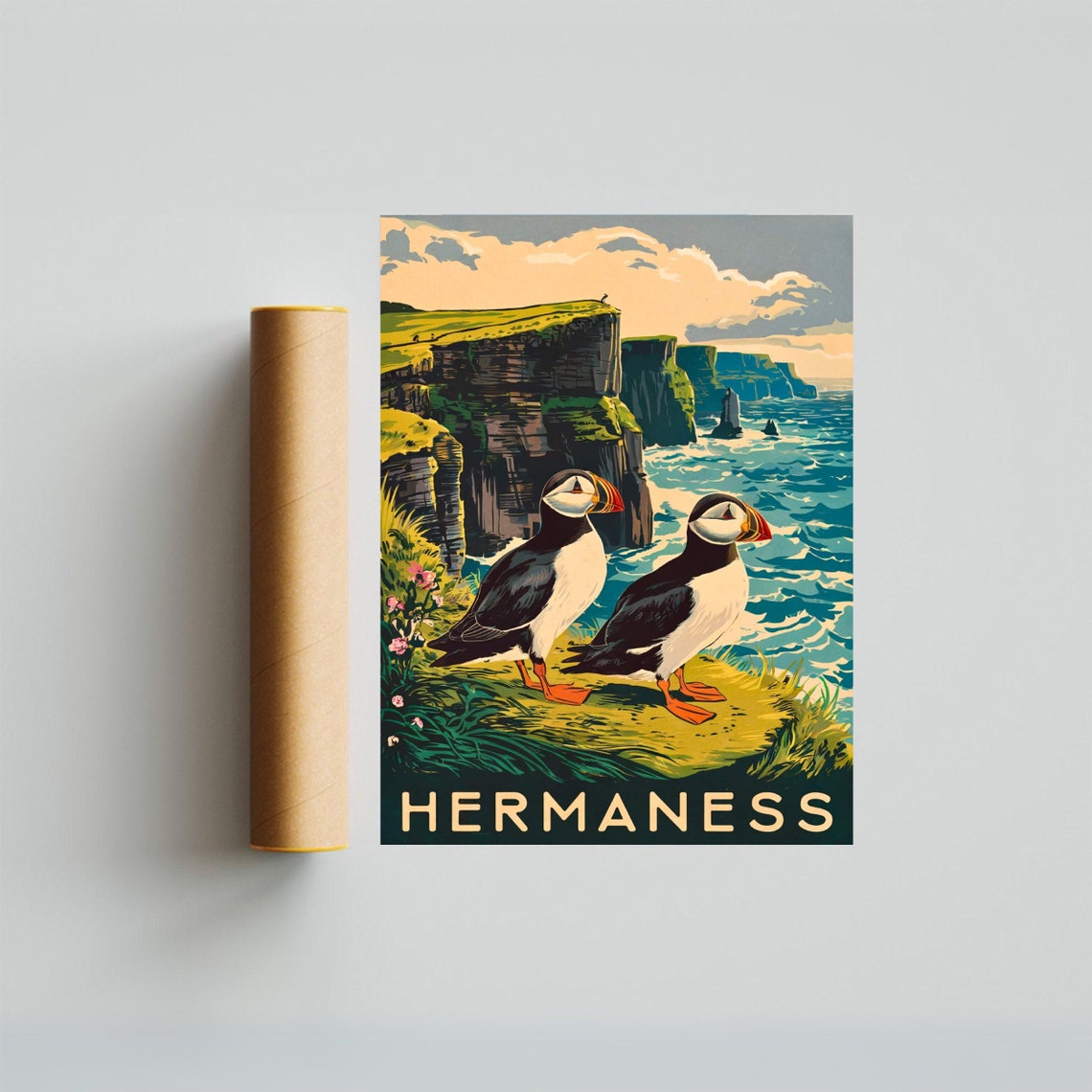 Hermaness Scotland Vintage Puffins on Cliff Over Ocean Waves Poster - Image 3
