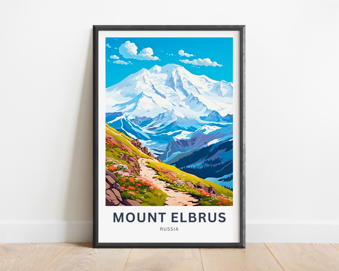 Mount Elbrus Russia Mountain Trail Wildflower Hiking Travel Poster