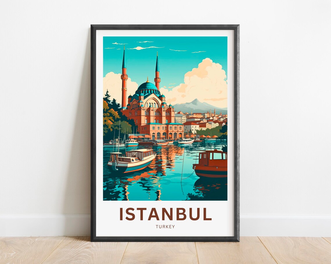 Istanbul Turkey Waterfront Mosque Vintage Travel Poster Boats Gift