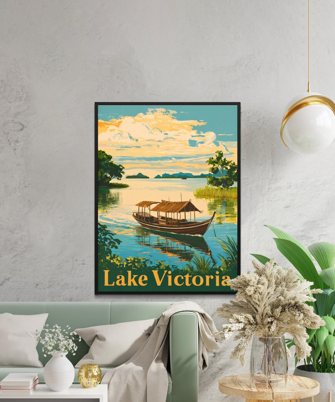 Lake Victoria Africa Thatched Boat Sunset Calm Water Travel Poster - Image 3