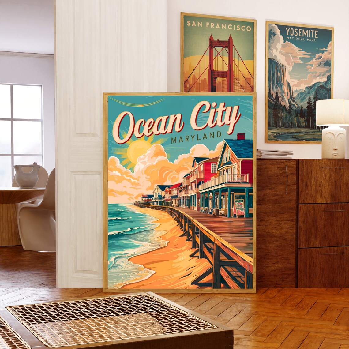 Ocean City Maryland Retro Beach Boardwalk Cottages Art Poster - Image 5