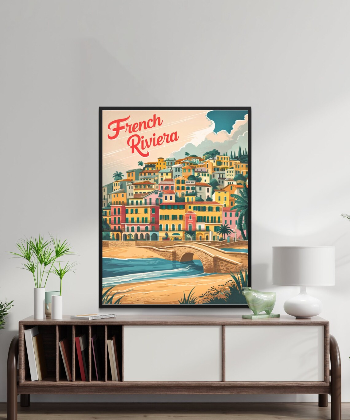French Riviera Colorful Hillside Village Stone Bridge Travel Poster - Image 2