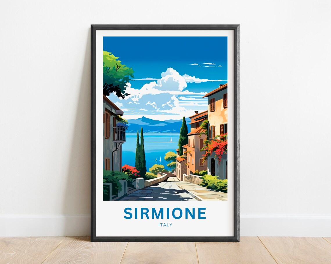 Sirmione Italy Lakeside Street Cypress View Vintage Travel Poster