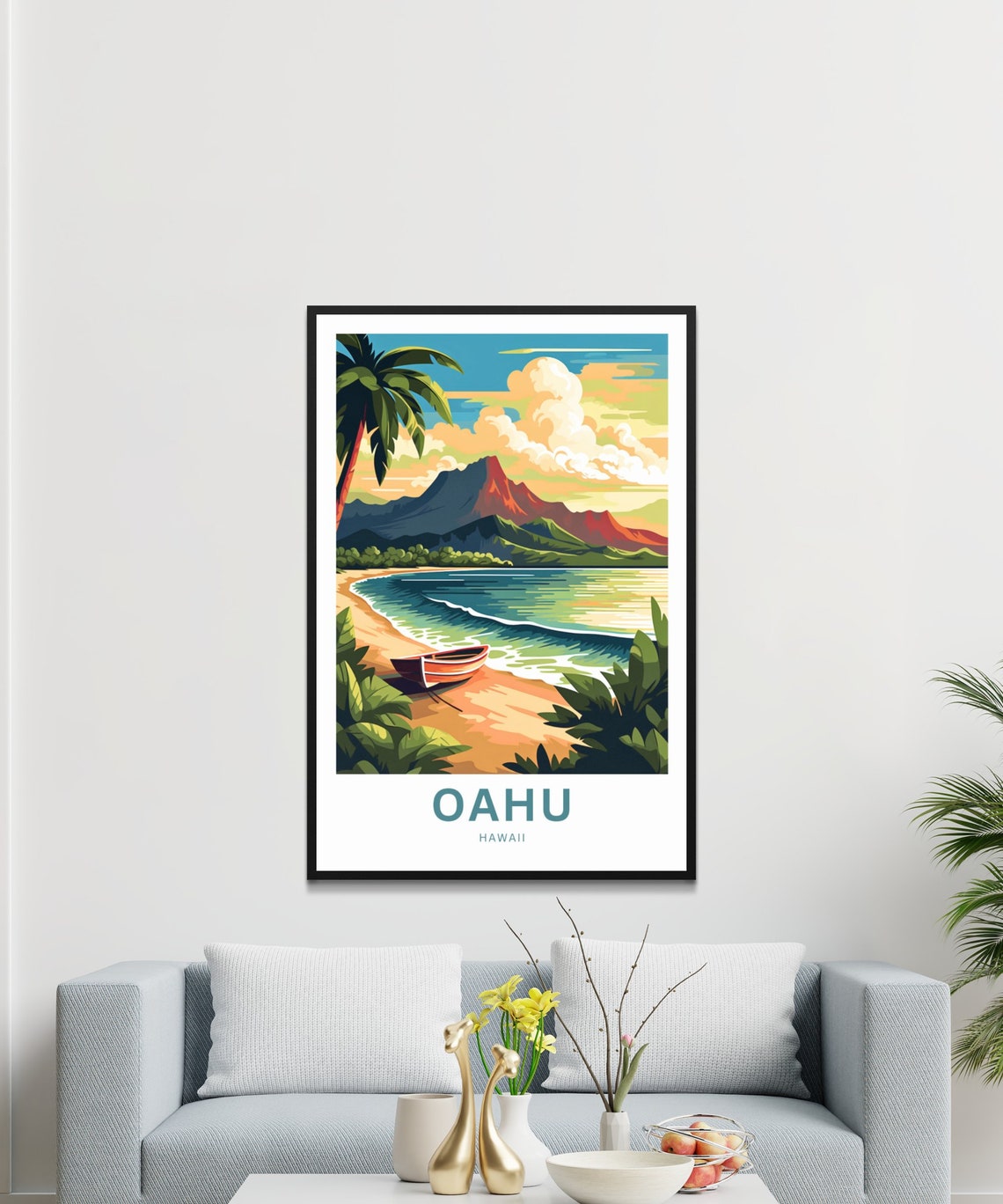 Personalized Oahu Hawaii Sunset Beach Red Boat Ocean View Poster - Image 2