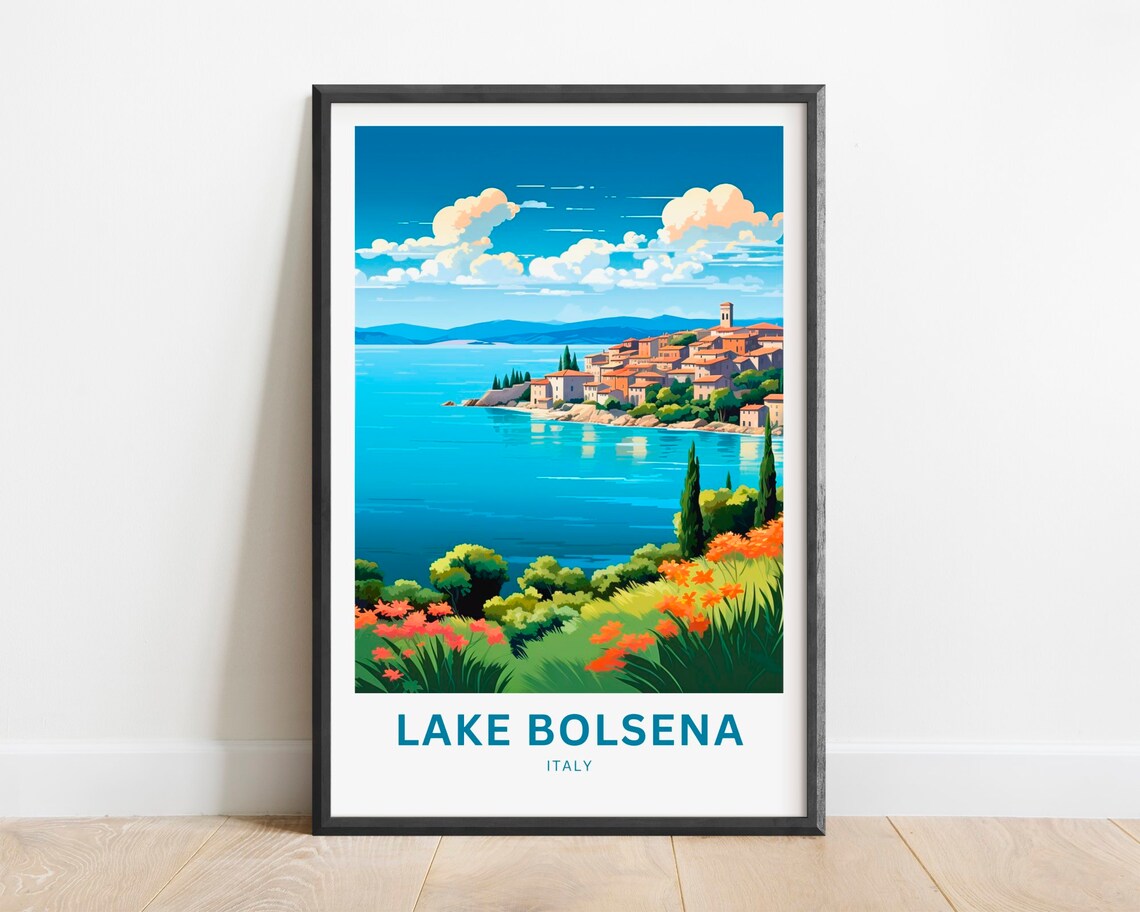 Lake Bolsena Italy Lakeside Town Wildflowers View Travel Poster