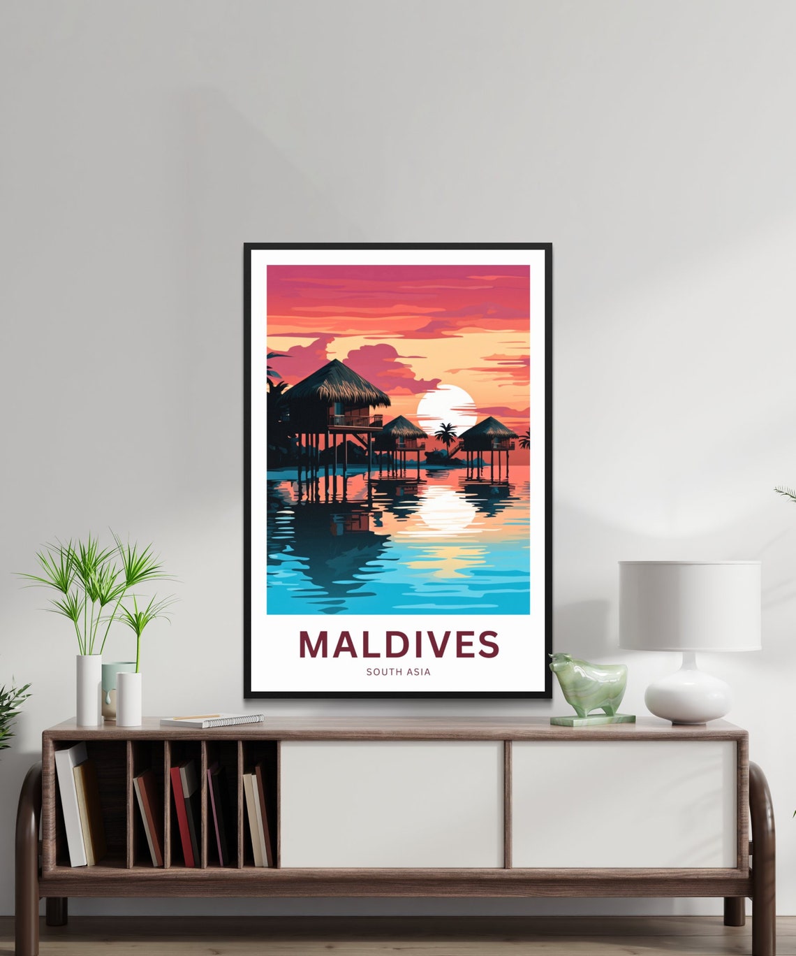 Maldives Pink Sunset Overwater Villas Lagoon Reflection Travel Poster - Image 2