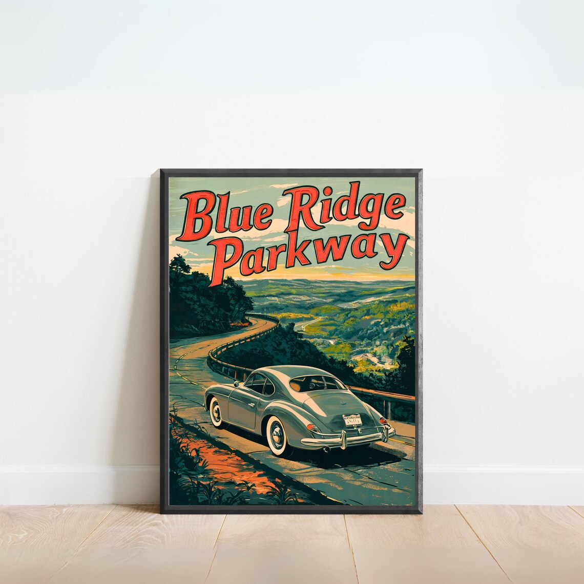 Blue Ridge Parkway Retro Silver Coupe Mountain Drive Travel Poster