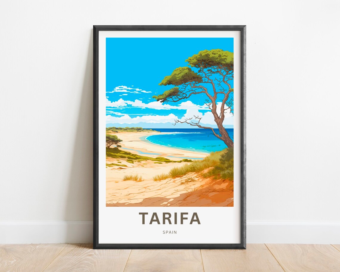 Tarifa Spain Beach Stone Pine Turquoise Cove Waves Travel Poster