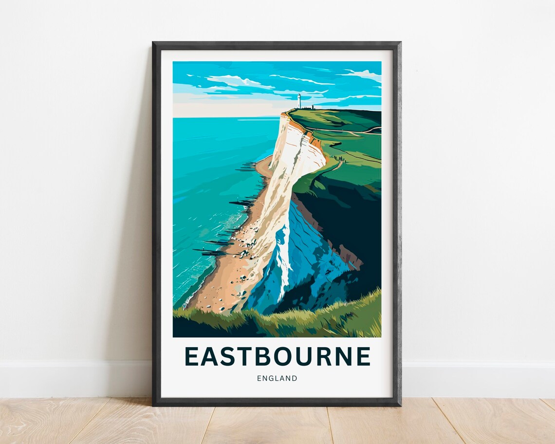 Eastbourne England White Cliffs Lighthouse Coastal Art Travel Poster
