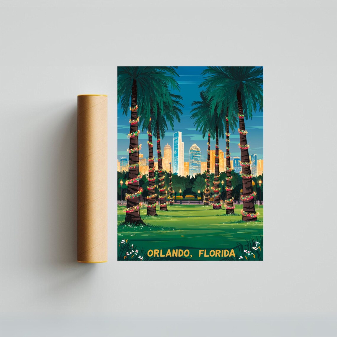 Orlando Florida Palm Trees Skyline Evening Vintage Travel Poster - Image 2
