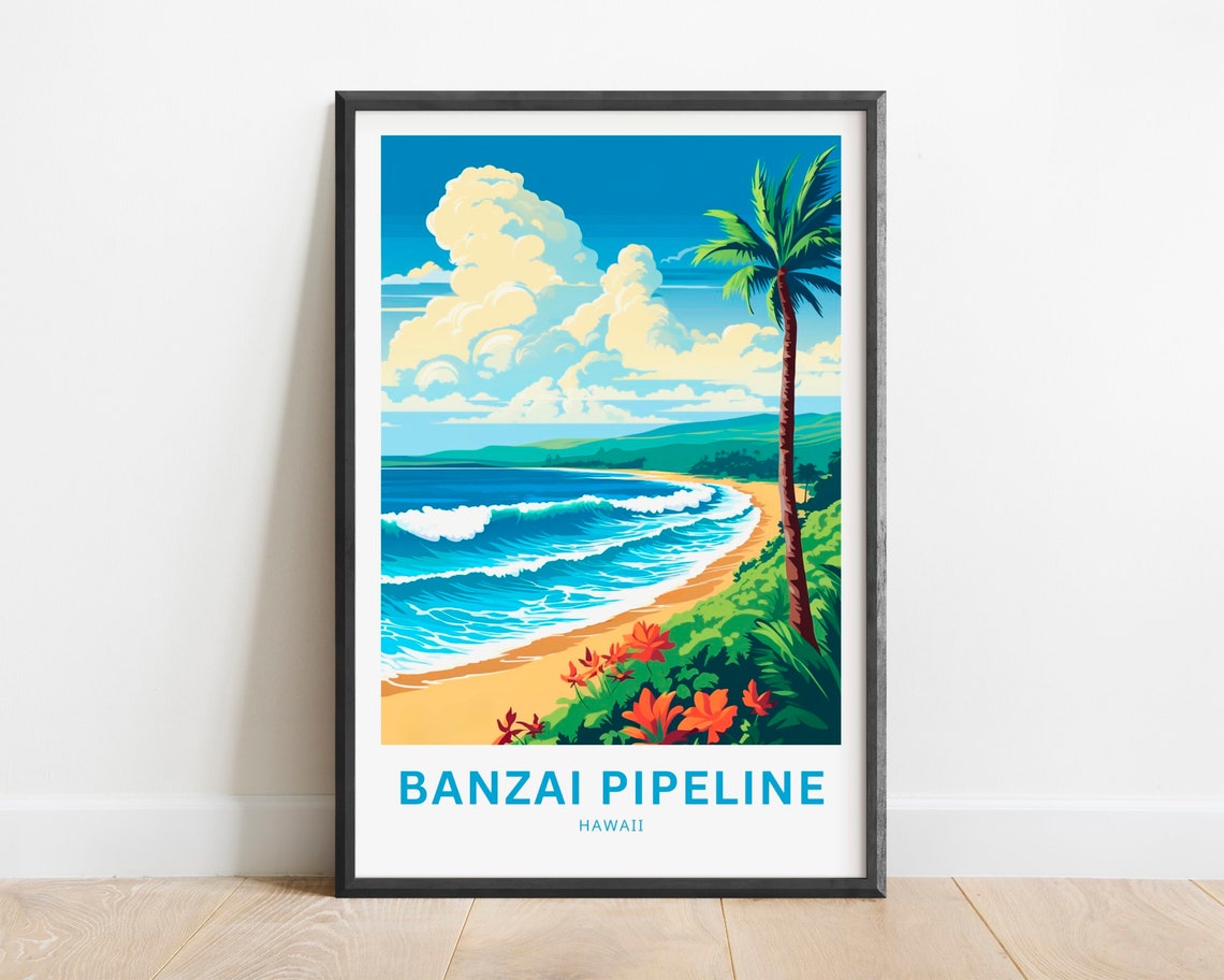 Banzai Pipeline Hawaii Beach with Palm Tree and Waves Poster