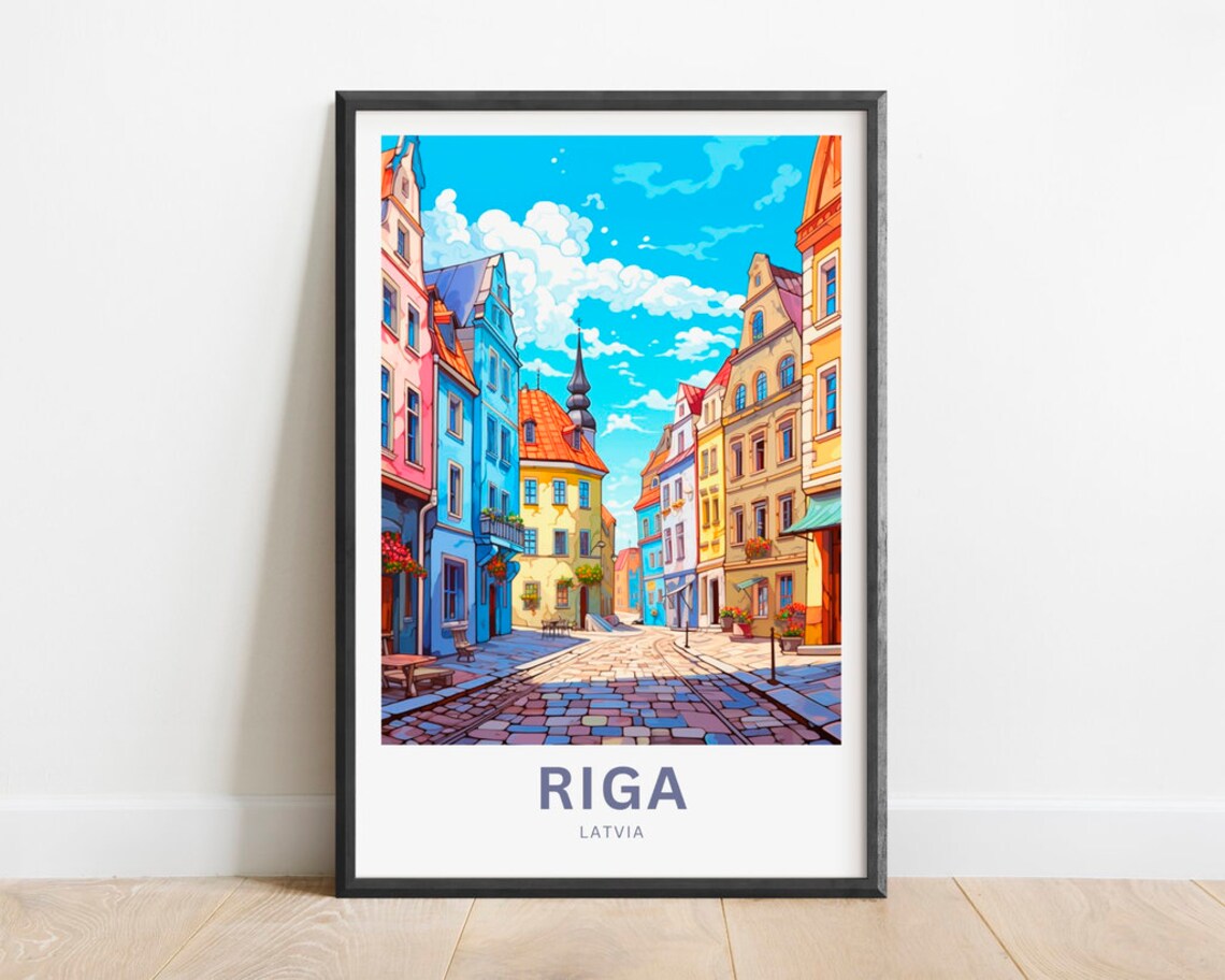 Riga Latvia Old Town Cobbled Street Pastel Facades Travel Poster