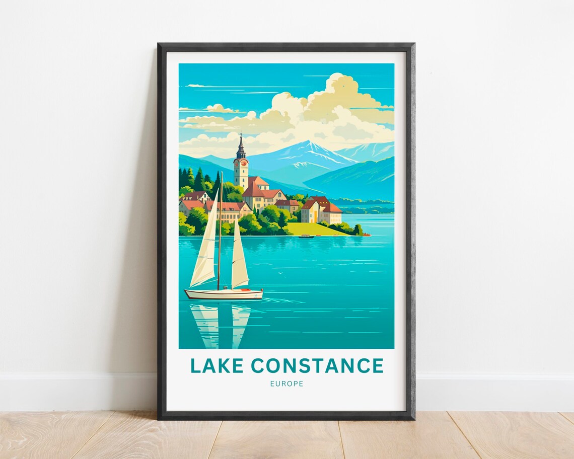Lake Constance Europe Sailboat Historic Church Town Lake Travel Poster
