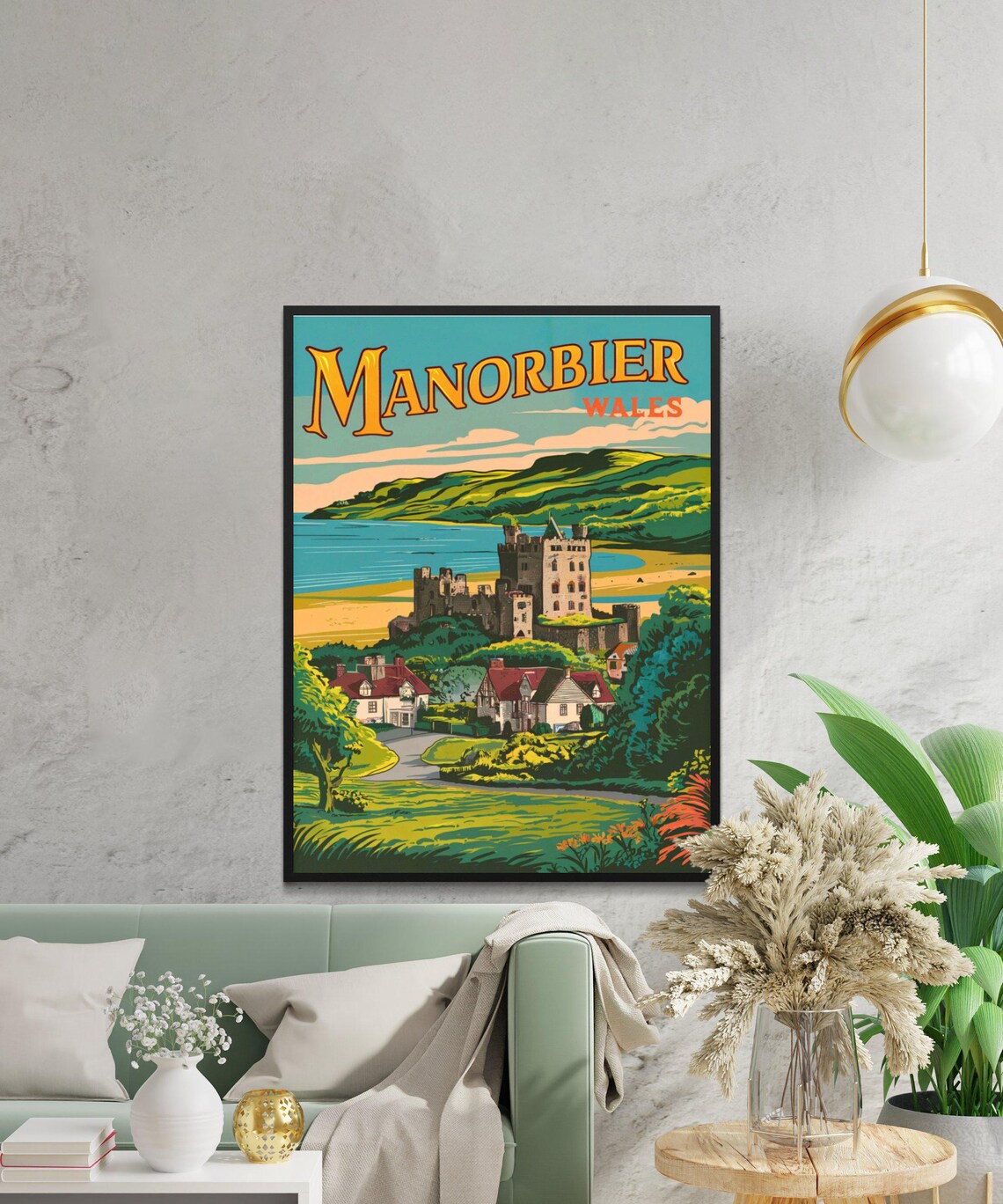 Manorbier Wales Vintage Castle Bay Village Retro Travel Poster - Image 3